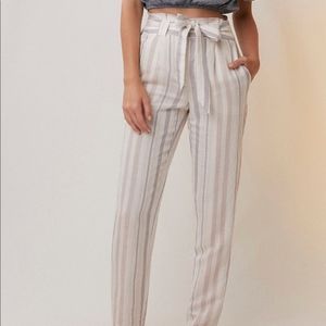 EXPRESS STRIPED LINEN-BLEND SASH WAIST ANKLE PANT